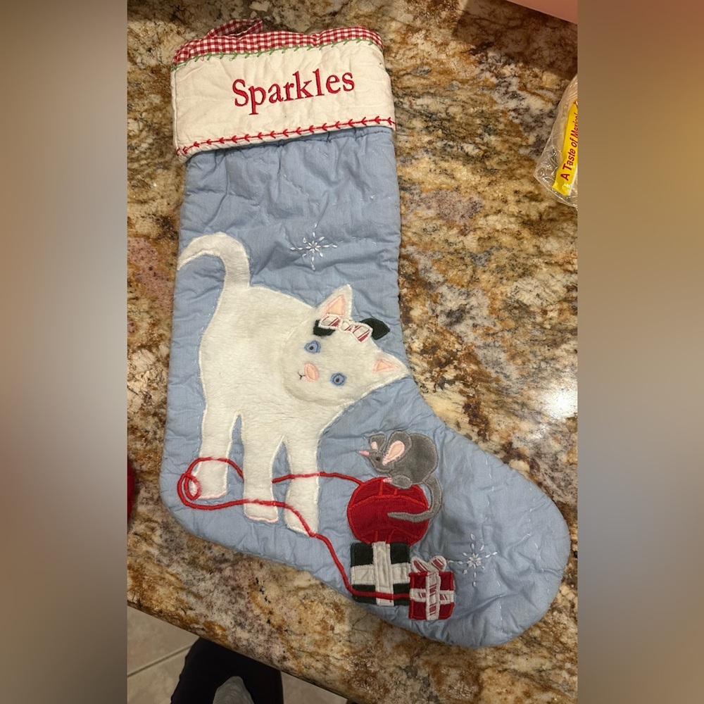 Blue and White Cat Christmas Stocking